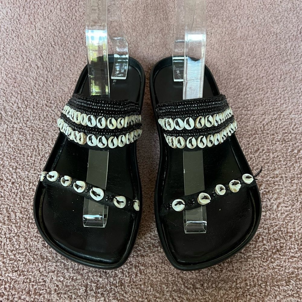 Robert Clergerie Sable Printed Seashell Black Leather Slide Sandals Size 7